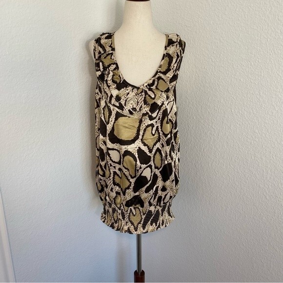 NWT  Vertigo Animal Print V Neck Ruffle Sleeveless Ruche Waist Halter Size M - Picture 2 of 12